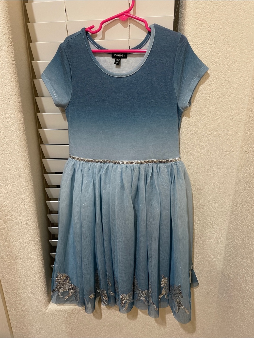 Zunie Girls' Blue Ombre Tulle Dress with Silver Waist Trim little girl 8years